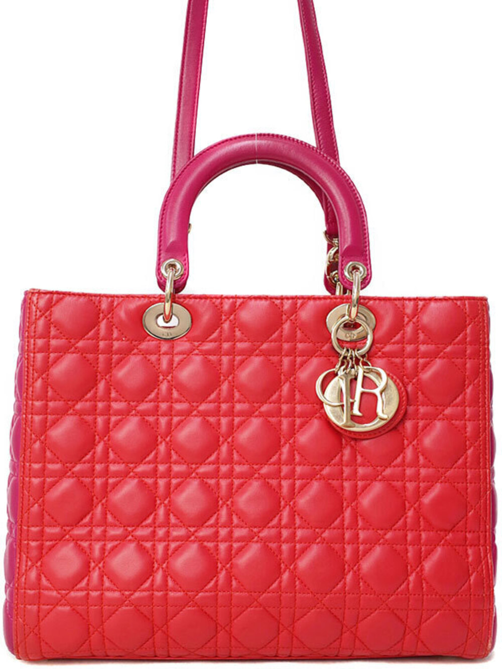 Christian Dior red fuchsia pink Cannage quilted lambskin leather Lady Dior